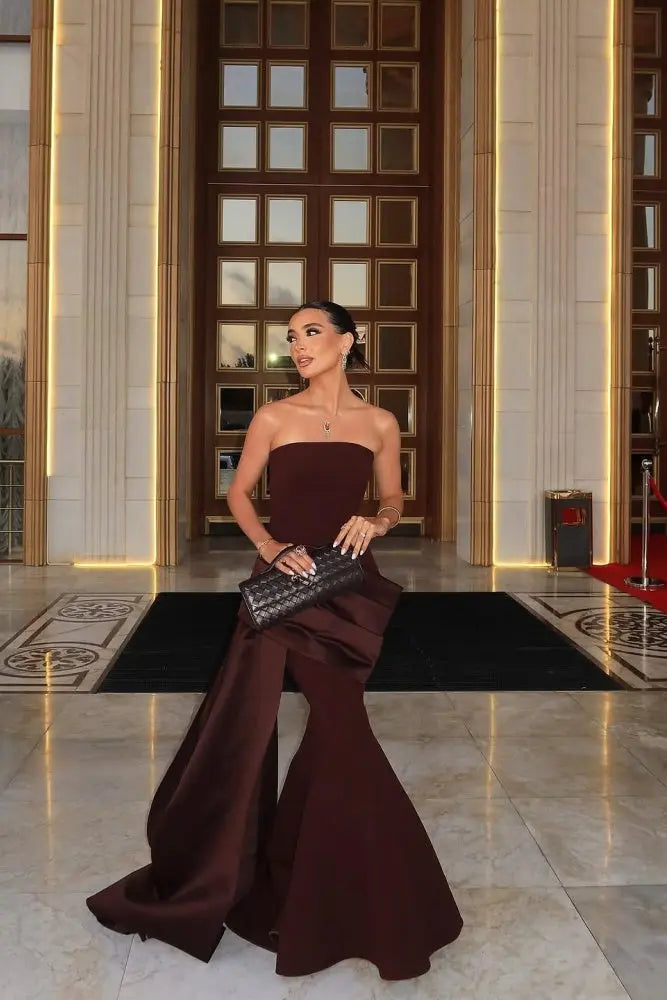 Burgundy Satin Strapless Mermaid Evening Dress with Train SF061 Sheer Fairy