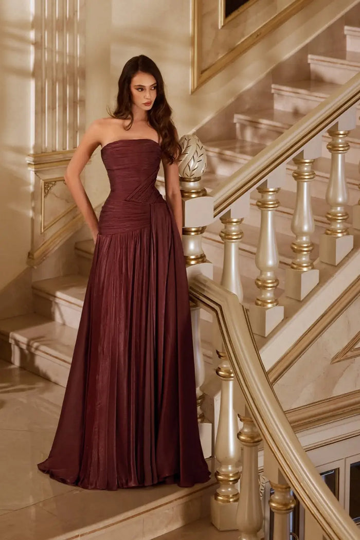 Burgundy Shimmer Satin Strapless Off Shoulder A-Line Evening Dress SF175 Sheer Fairy