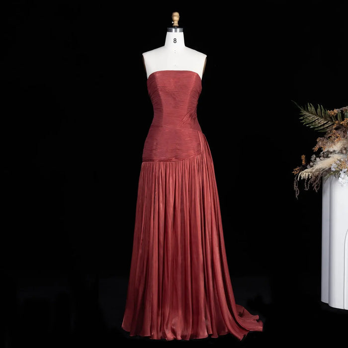 Burgundy Shimmer Satin Strapless Off Shoulder A-Line Evening Dress SF175 Sheer Fairy