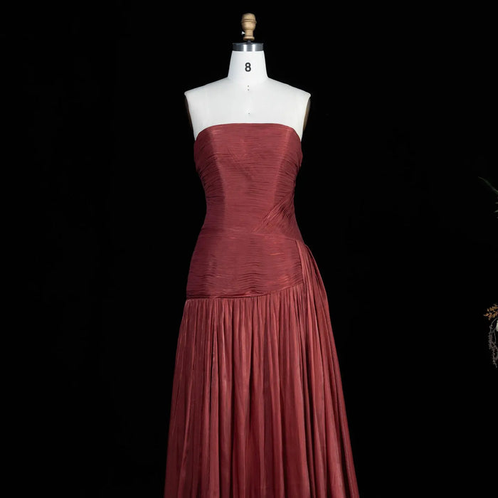 Burgundy Shimmer Satin Strapless Off Shoulder A-Line Evening Dress SF175 Sheer Fairy