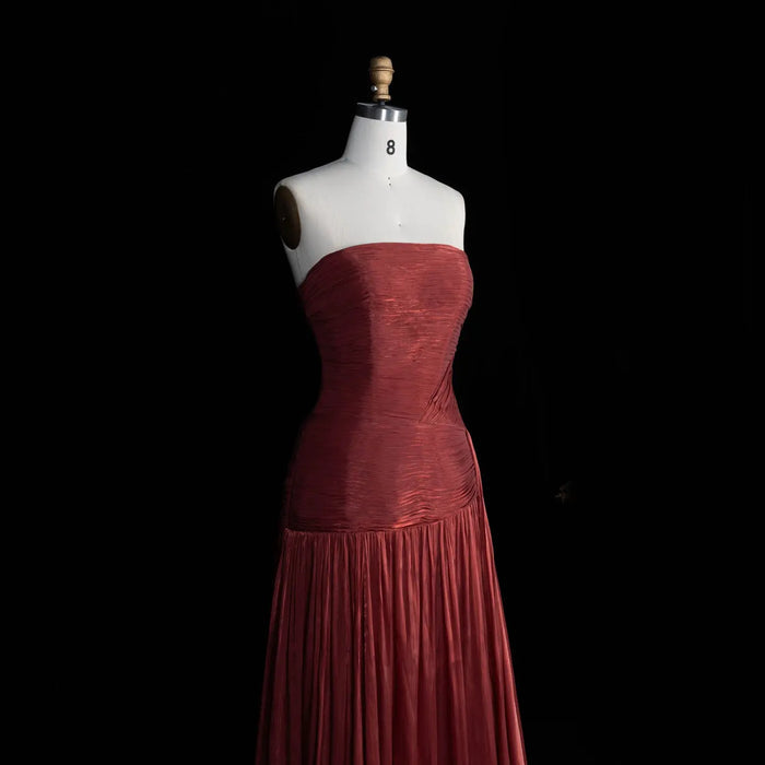 Burgundy Shimmer Satin Strapless Off Shoulder A-Line Evening Dress SF175 Sheer Fairy