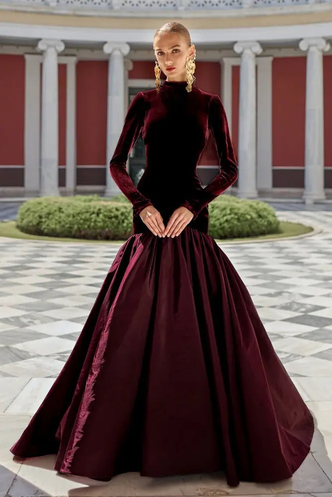 Burgundy Velvet Long Sleeve High Neck Ballgown Evening Dress SF441 Sheer Fairy
