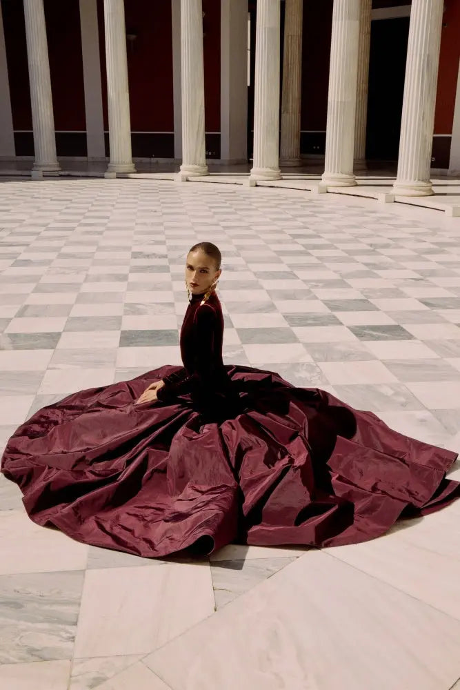 Burgundy Velvet Long Sleeve High Neck Ballgown Evening Dress SF441 Sheer Fairy