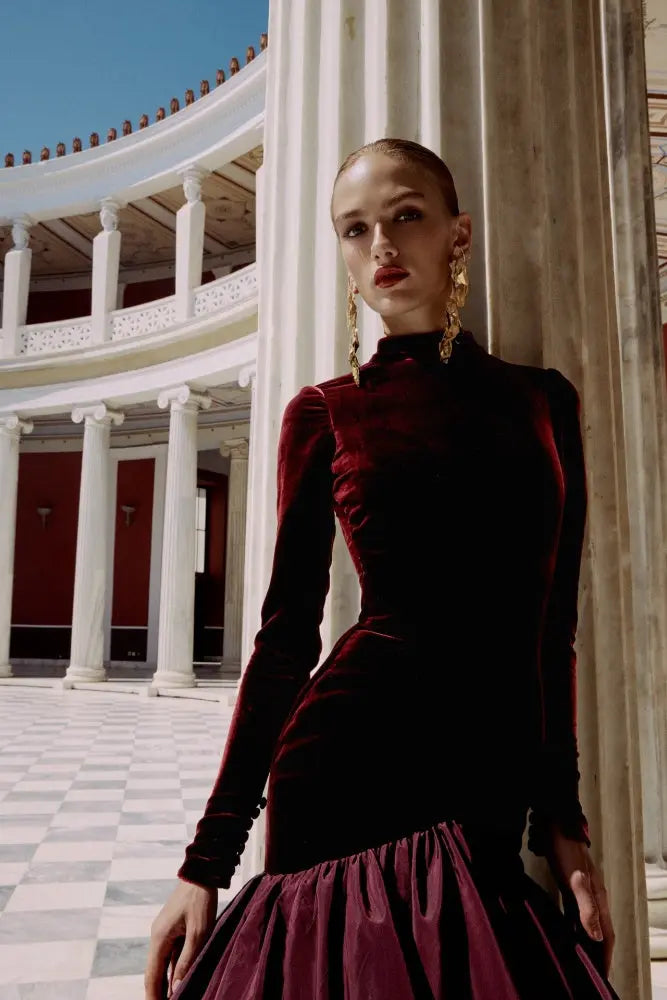 Burgundy Velvet Long Sleeve High Neck Ballgown Evening Dress SF441 Sheer Fairy