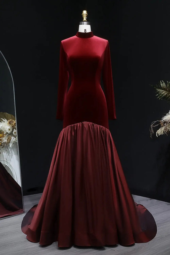 Burgundy Velvet Long Sleeve High Neck Ballgown Evening Dress SF441 Sheer Fairy