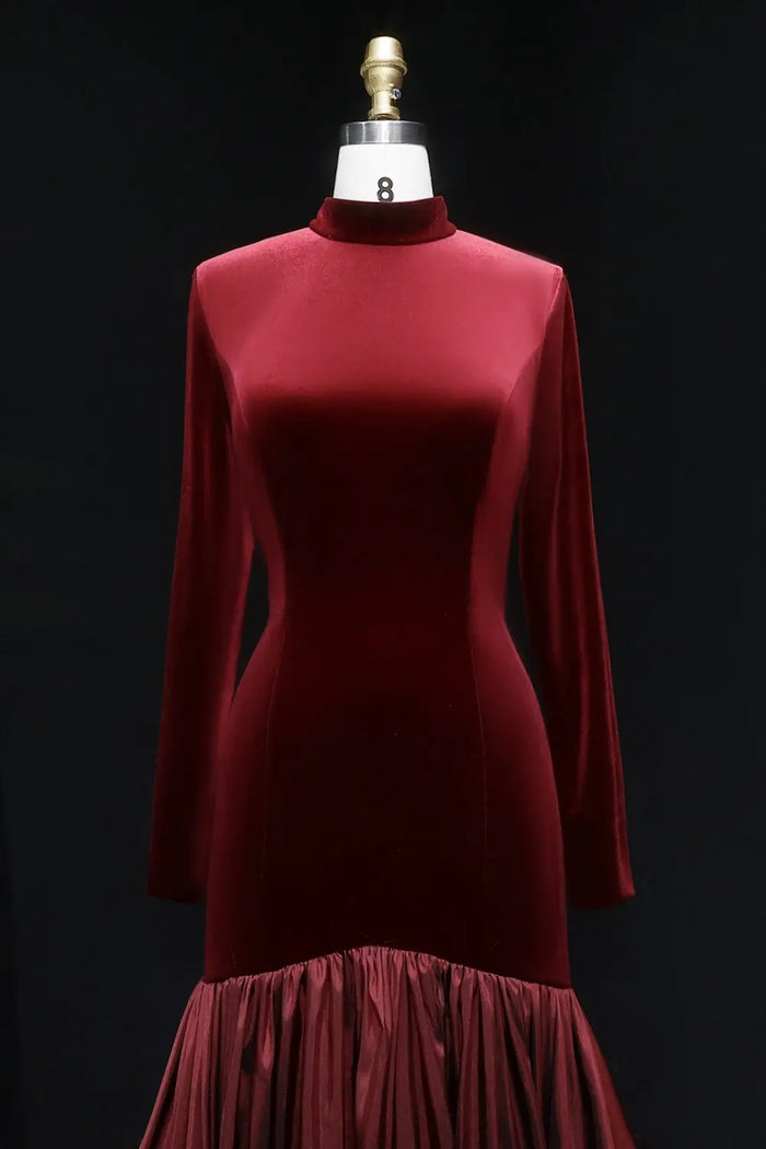 Burgundy Velvet Long Sleeve High Neck Ballgown Evening Dress SF441 Sheer Fairy