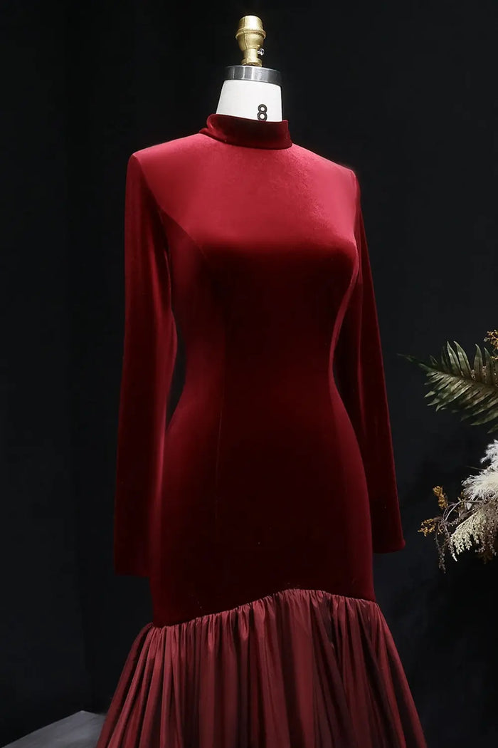 Burgundy Velvet Long Sleeve High Neck Ballgown Evening Dress SF441 Sheer Fairy