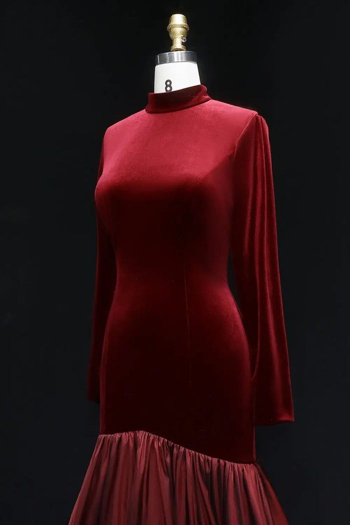 Burgundy Velvet Long Sleeve High Neck Ballgown Evening Dress SF441 Sheer Fairy