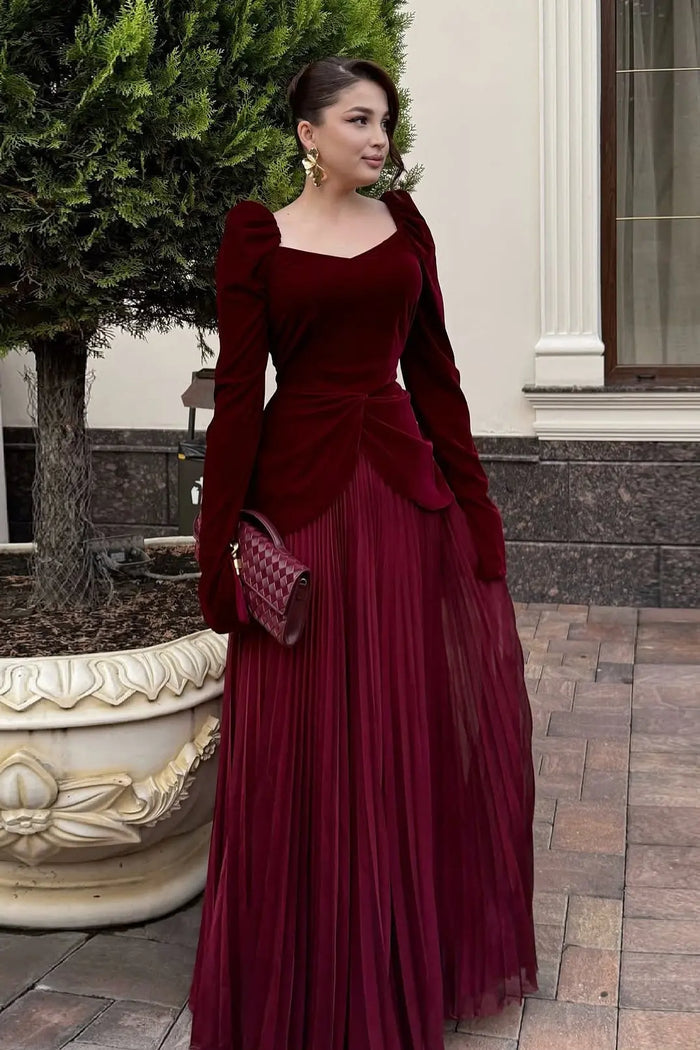 Burgundy Velvet Square Neck Long Puff Sleeve Evening Dress SF259 Sheer Fairy