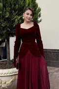 Burgundy Velvet Square Neck Long Puff Sleeve Evening Dress SF259 Sheer Fairy