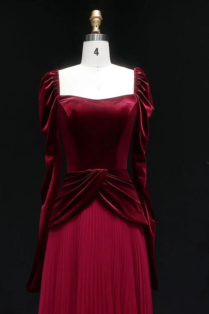 Burgundy Velvet Square Neck Long Puff Sleeve Evening Dress SF259 Sheer Fairy