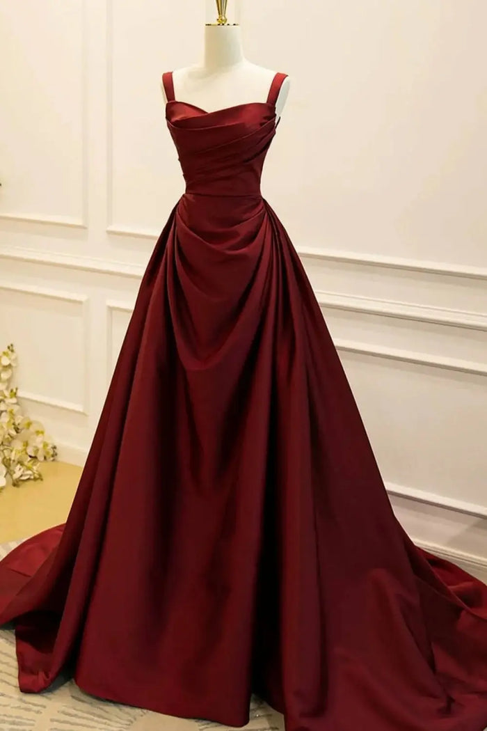 Burgundy Wine Red Square Neck Satin Ballgown Evening Dress SF089 Sheer Fairy