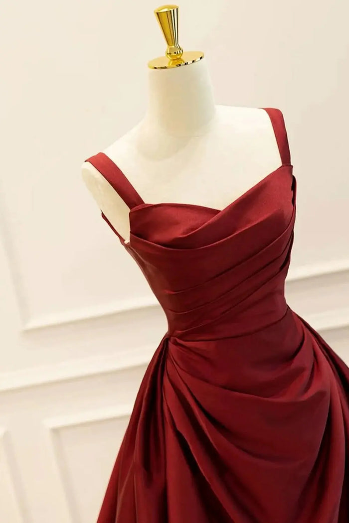 Burgundy Wine Red Square Neck Satin Ballgown Evening Dress SF089 Sheer Fairy