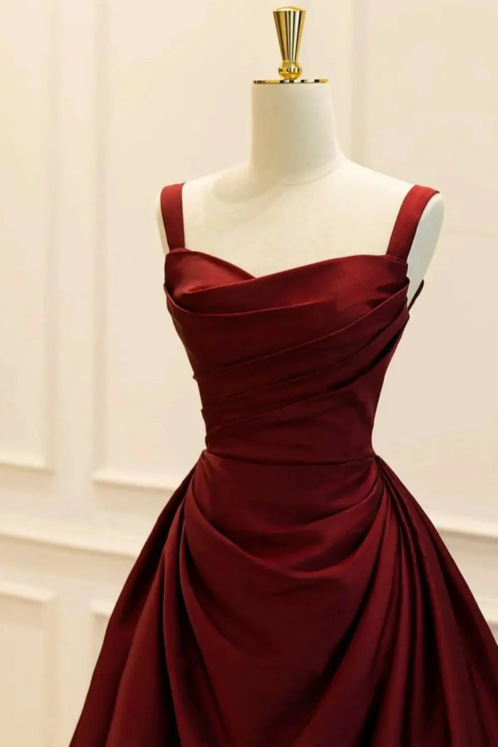 Burgundy Wine Red Square Neck Satin Ballgown Evening Dress SF089 Sheer Fairy