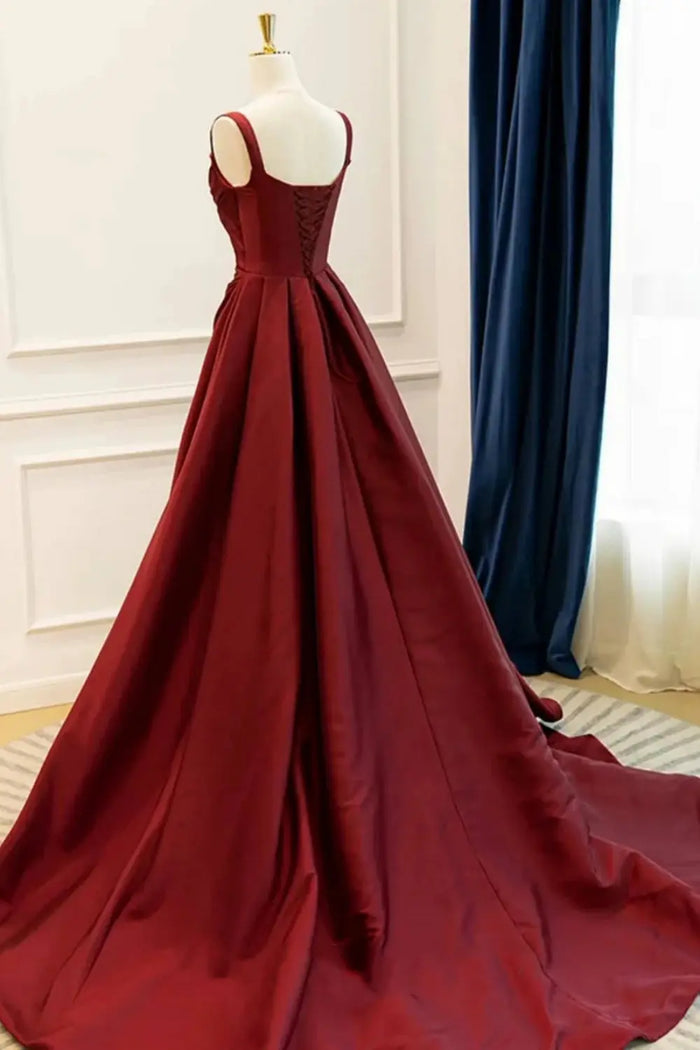 Burgundy Wine Red Square Neck Satin Ballgown Evening Dress SF089 Sheer Fairy