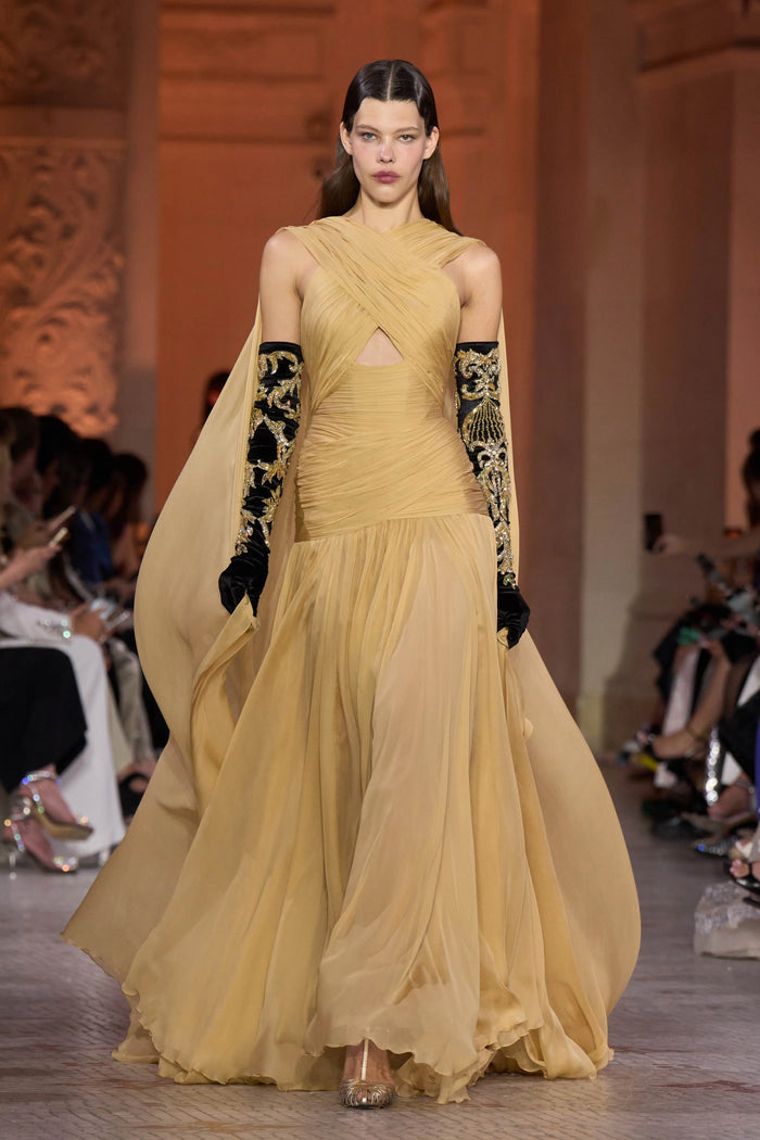 Champagne Chiffon Cross-Front A-Line Evening Dress with Cape SF145 Sheer Fairy