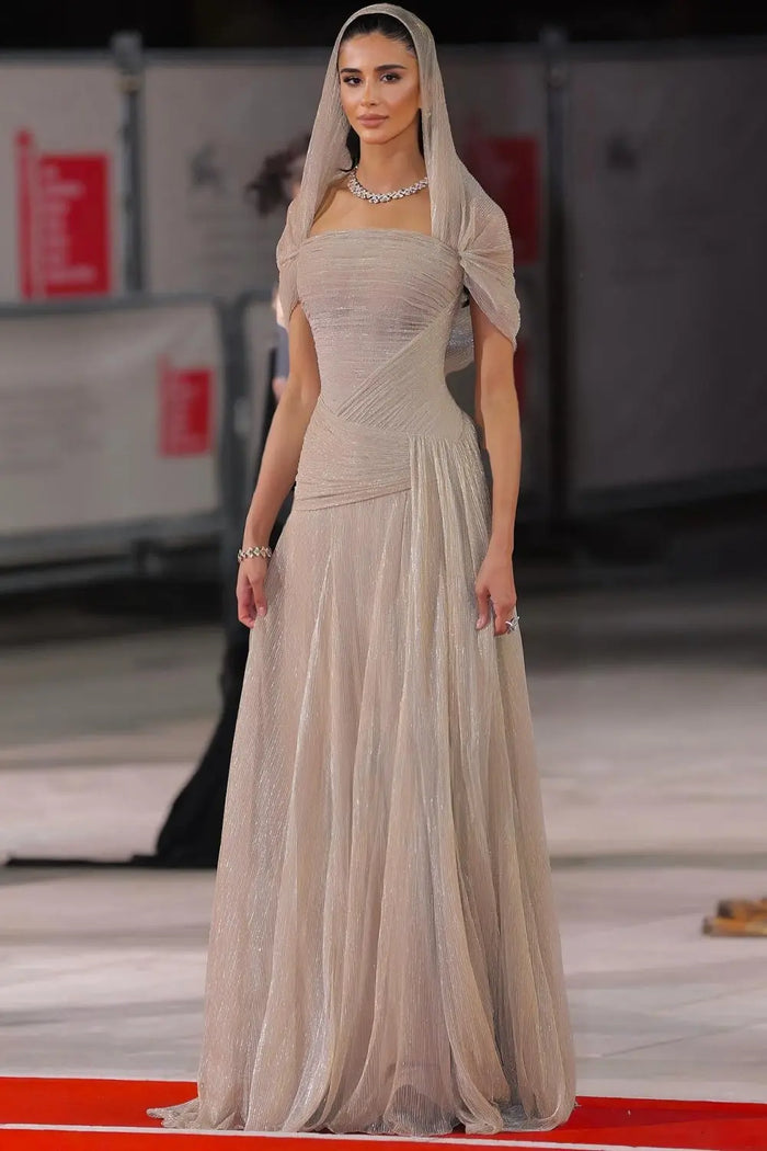 Champagne Tulle Ruched Square Neck Sheer Veil Evening Dress SF045 Sheer Fairy