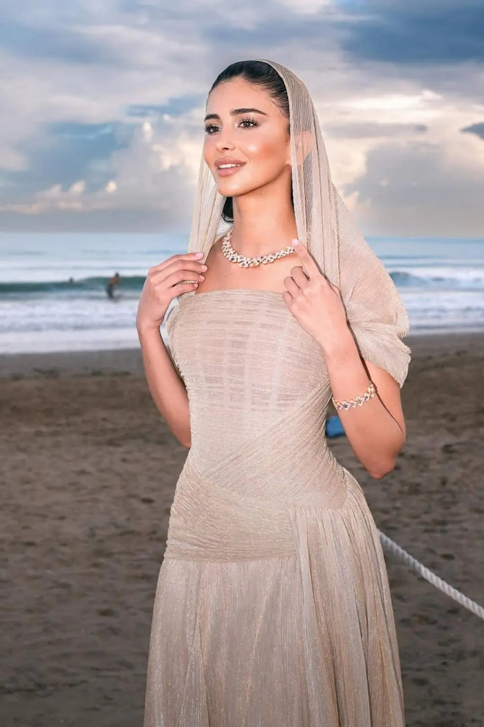Champagne Tulle Ruched Square Neck Sheer Veil Evening Dress SF045 Sheer Fairy