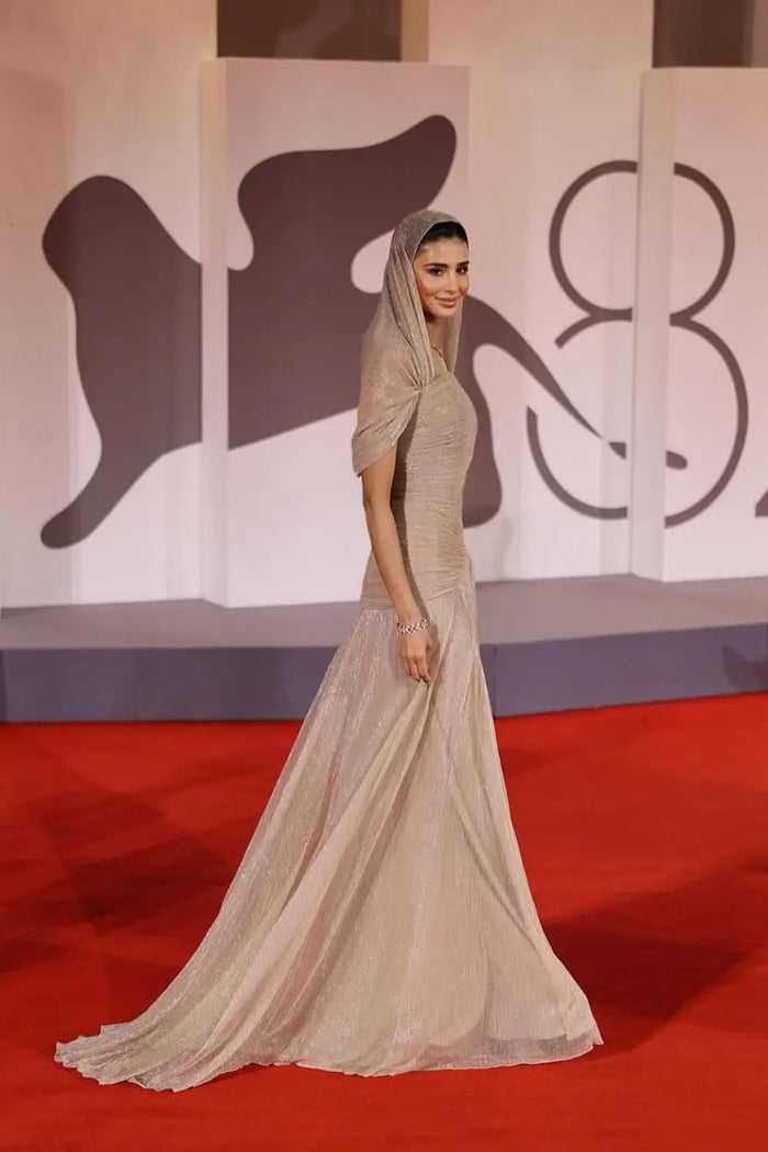 Champagne Tulle Ruched Square Neck Sheer Veil Evening Dress SF045 Sheer Fairy