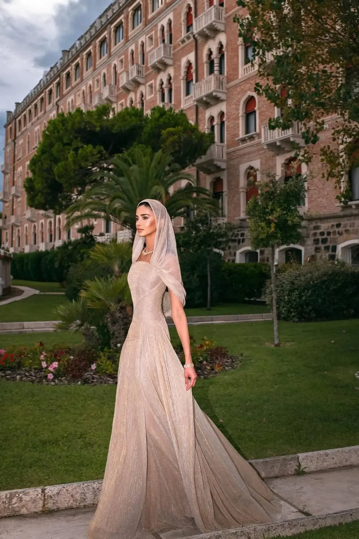 Champagne Tulle Ruched Square Neck Sheer Veil Evening Dress SF045 Sheer Fairy