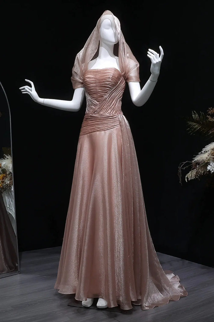 Champagne Tulle Ruched Square Neck Sheer Veil Evening Dress SF045 Sheer Fairy