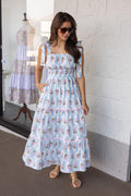 light blue and white checkered pink floral print sleeveless poplin midi dress