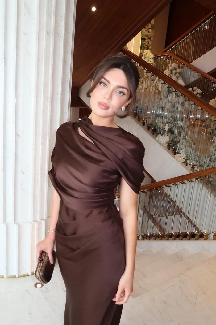 Chocolate Brown Satin Asymmetric Draped Sheath Evening Dress SF178 Sheer Fairy