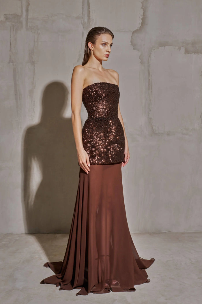 Chocolate Brown Two-Piece Sequin Mermaid Evening Dress SF442 Sheer Fairy