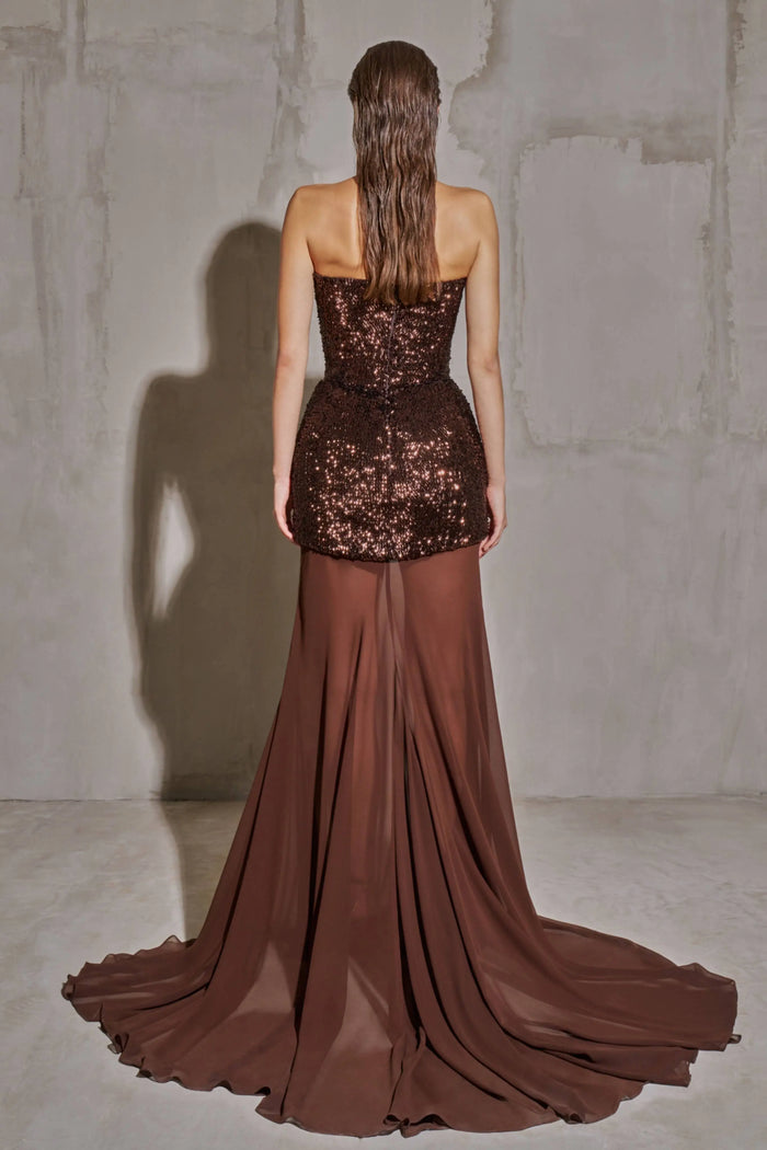 Chocolate Brown Two-Piece Sequin Mermaid Evening Dress SF442 Sheer Fairy