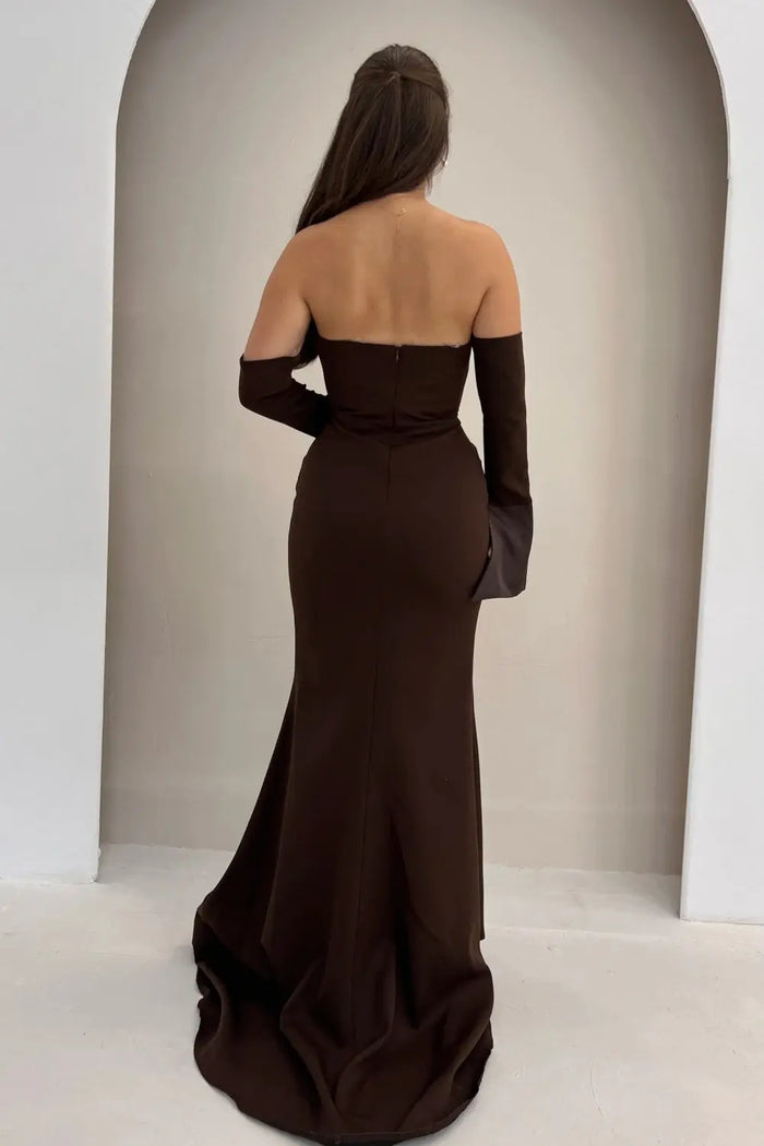 Chocolate Off Shoulder Satin Mermaid Evening Dress SF159 Sheer Fairy