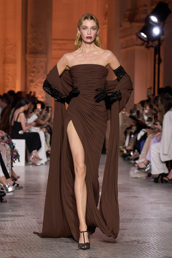 Chocolate Satin Strapless Sheath Evening Dress with Long Cape Sleeve SF147 Sheer Fairy