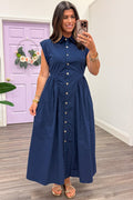 solid navy gold button down short capped sleeve poplin midi dress