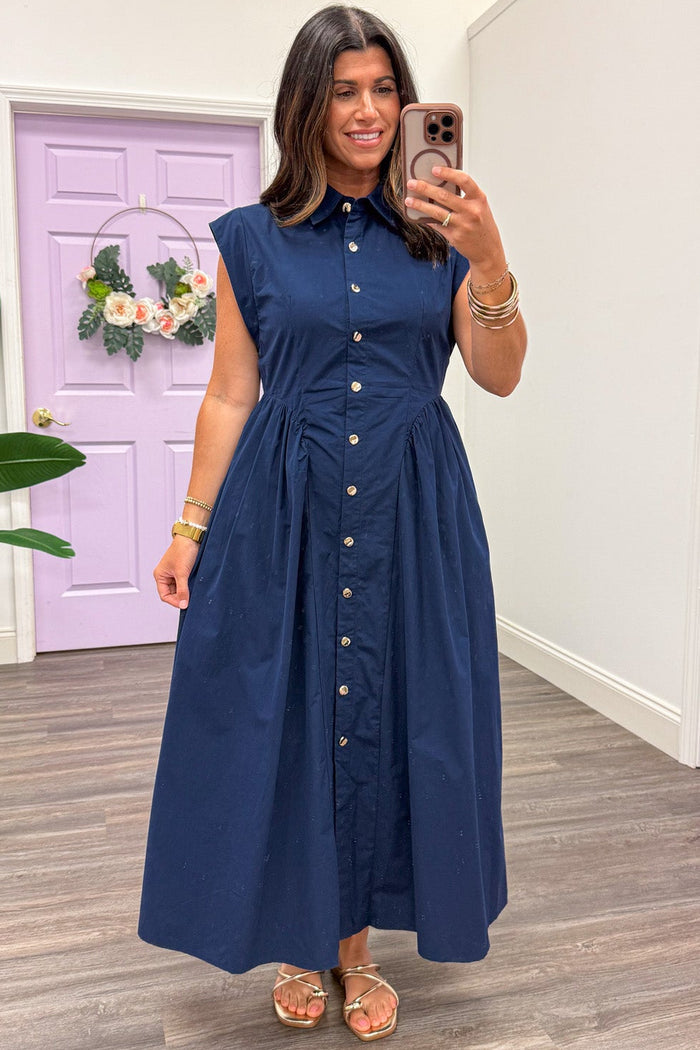 solid navy gold button down short capped sleeve poplin midi dress