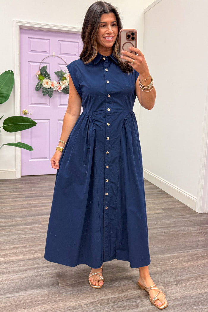 solid navy gold button down short capped sleeve flowy poplin midi dress