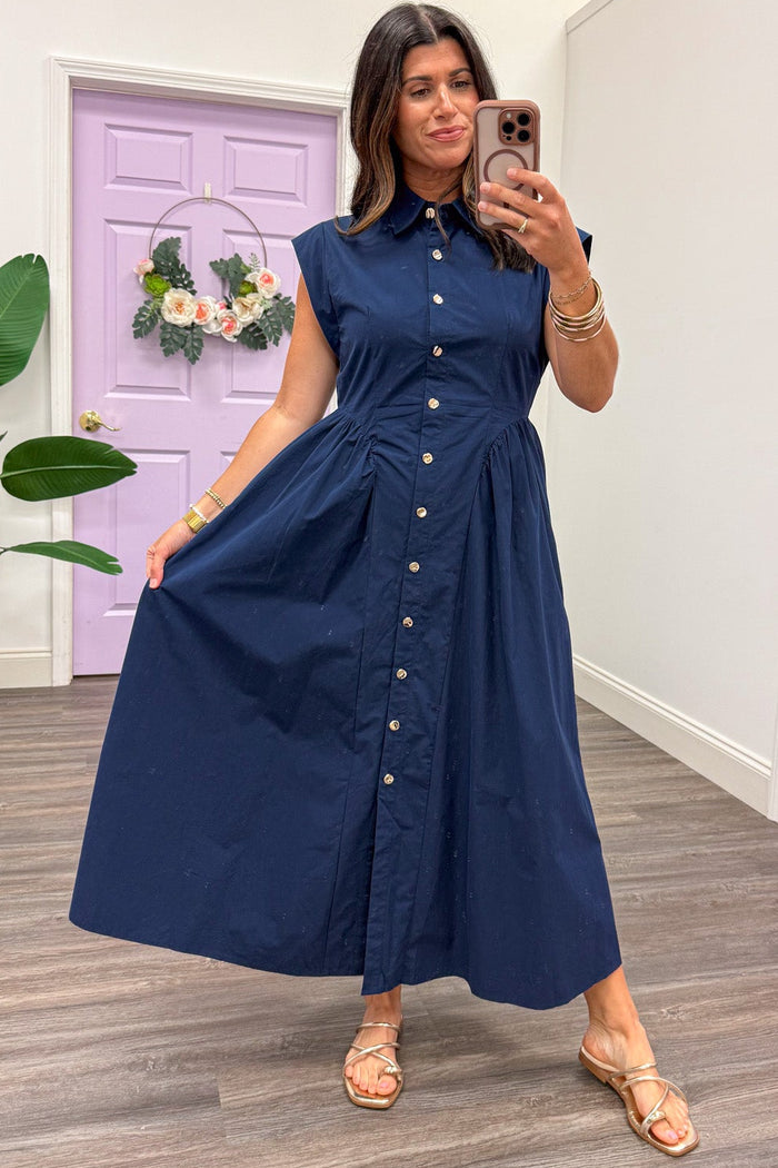solid navy button down cap sleeve gathered side panels poplin midi dress