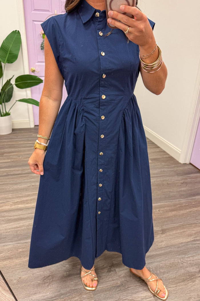 solid navy gold button down cap sleeve collared neckline poplin midi dress
