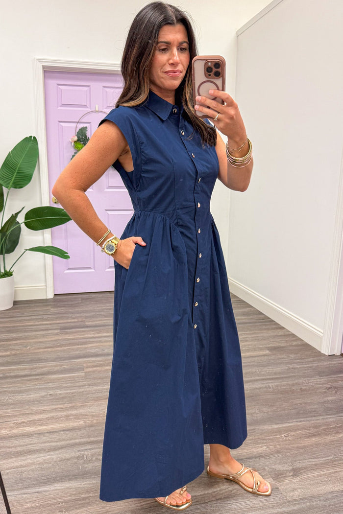 solid navy gold button down cap sleeve poplin midi dress with side pockets