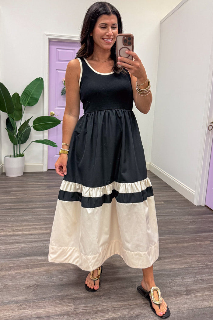 black and cream colorblock sleeveless maxi dress