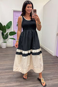 black and cream colorblock sleeveless maxi dress