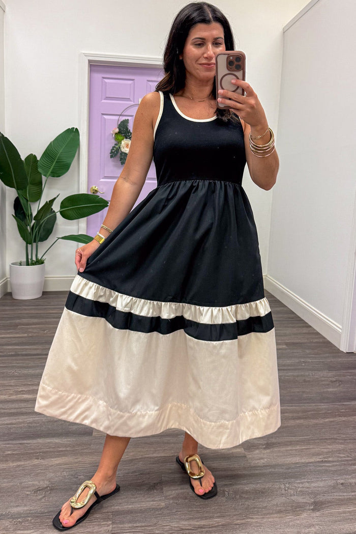 black and cream colorblock sleeveless flowy maxi dress