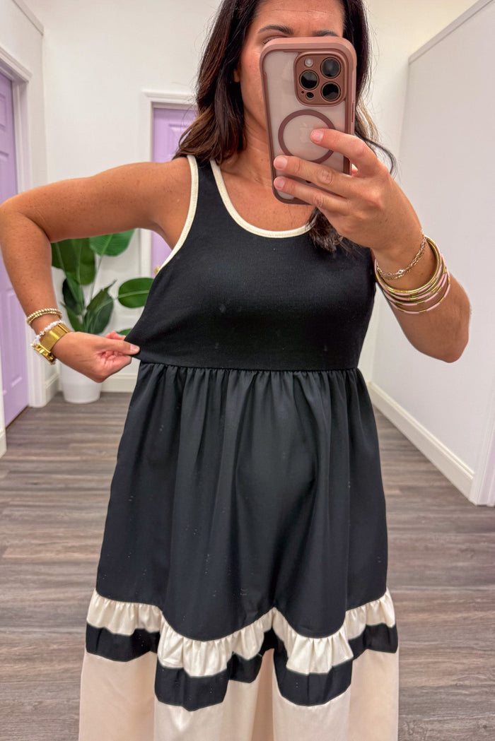 black and cream colorblock sleeveless crew neckline maxi dress