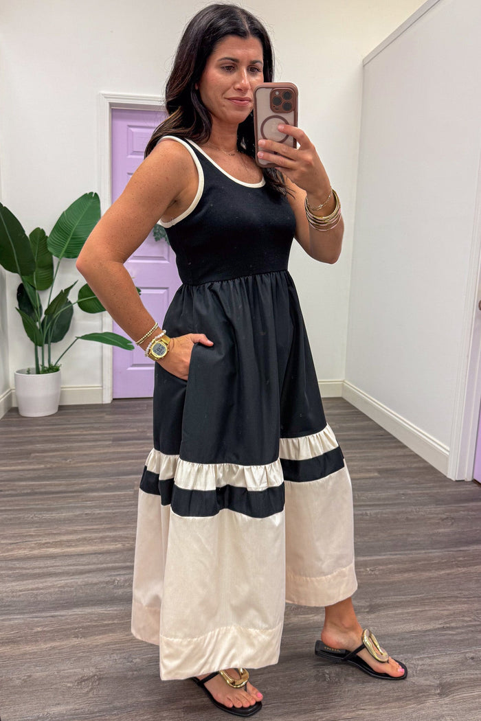 black and cream colorblock sleeveless maxi dress with side pockets