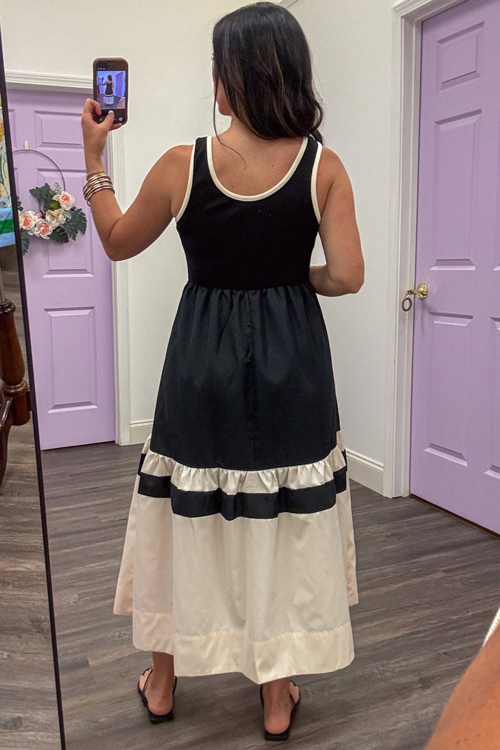 black and cream colorblock sleeveless tiered maxi dress