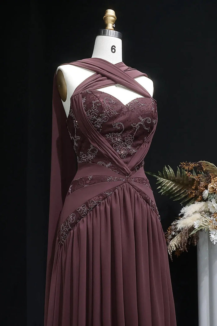 Convertible Plum Chiffon A-Line Halter Neck Evening Dress SF460 Sheer Fairy