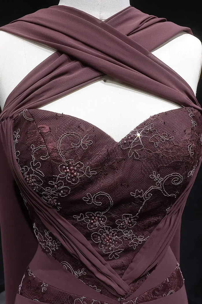 Convertible Plum Chiffon A-Line Halter Neck Evening Dress SF460 Sheer Fairy