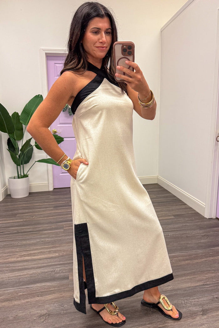 cream with black trim sleeveless halter midi dress with side pockets