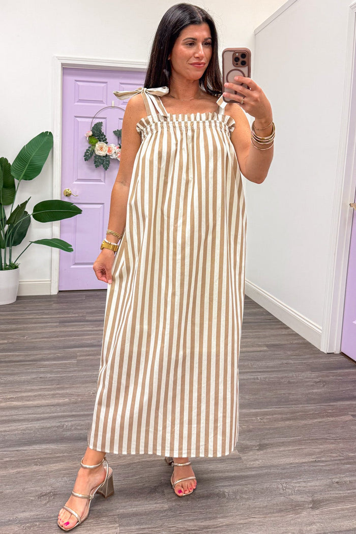 mocha and cream vertical striped sleeveless bow tie shoulder strap midi dress