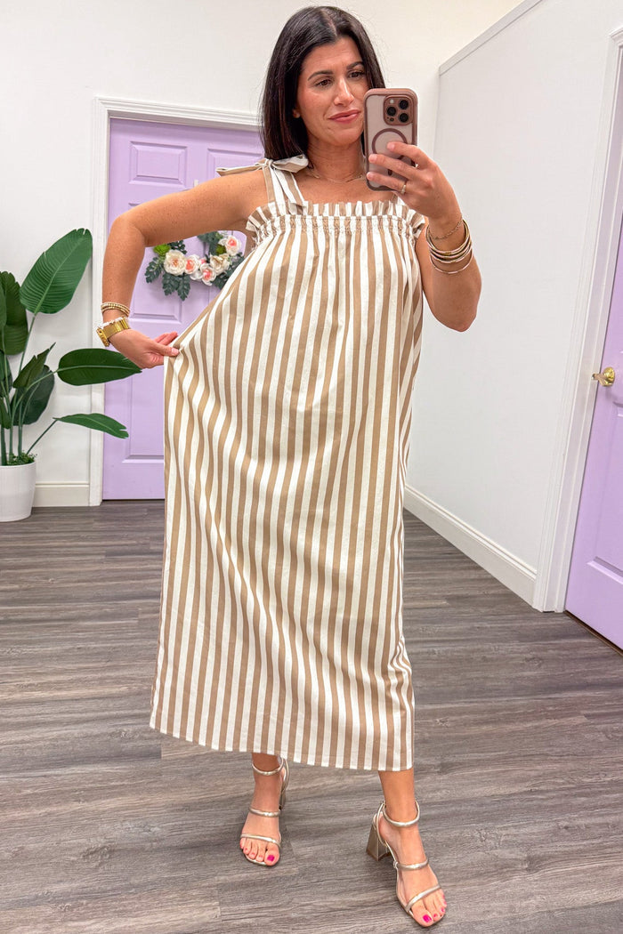 mocha and cream vertical striped sleeveless relaxed silhouette midi dress