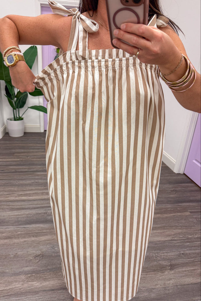mocha and cream striped sleeveless ruffle trim square neckline midi dress