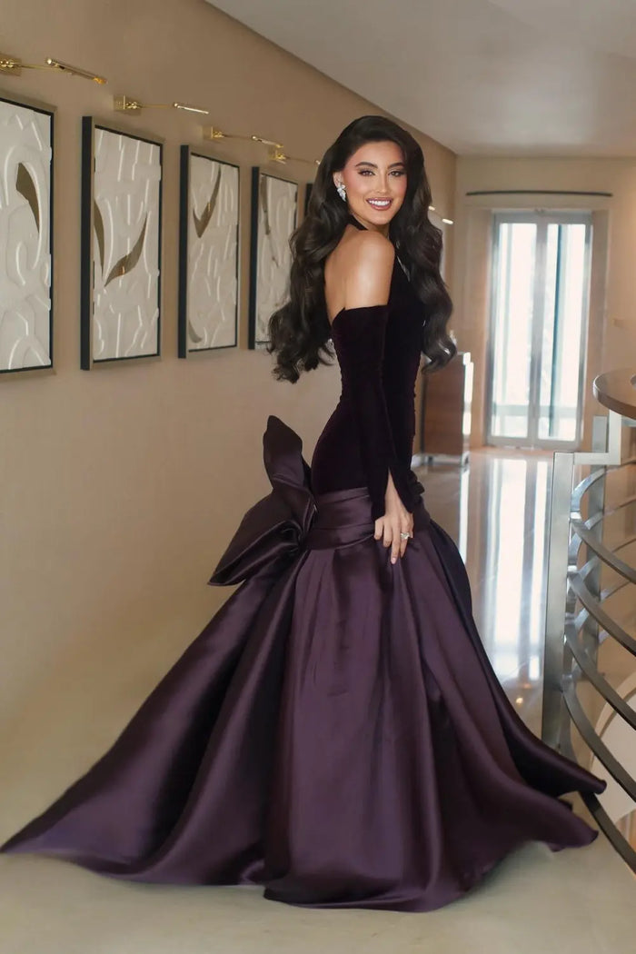 Deep Purple Velvet Halter Long Sleeves Evening Dress SF168 Sheer Fairy